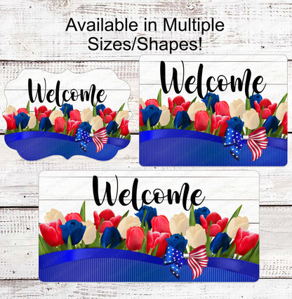 Patriotic Welcome Wreath Sign - Tulip Sign - 4th of July Sign - Stars and Stripes Sign - Independence Day - Summer Wreath Sign