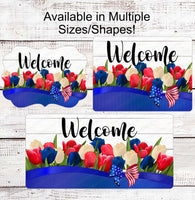 
              Patriotic Welcome Wreath Sign - Tulip Sign - 4th of July Sign - Stars and Stripes Sign - Independence Day - Summer Wreath Sign
            