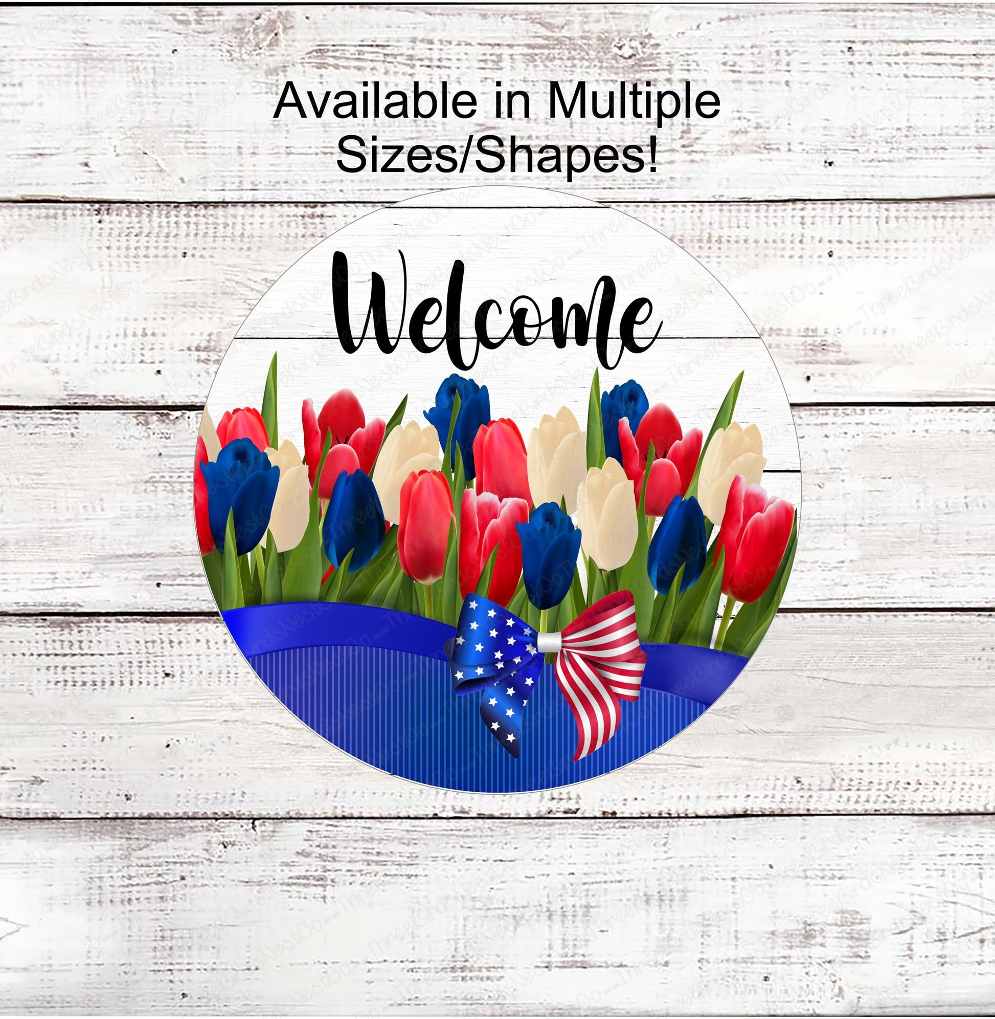 Patriotic Welcome Wreath Sign - Tulip Sign - 4th of July Sign - Stars and Stripes Sign - Independence Day - Summer Wreath Sign