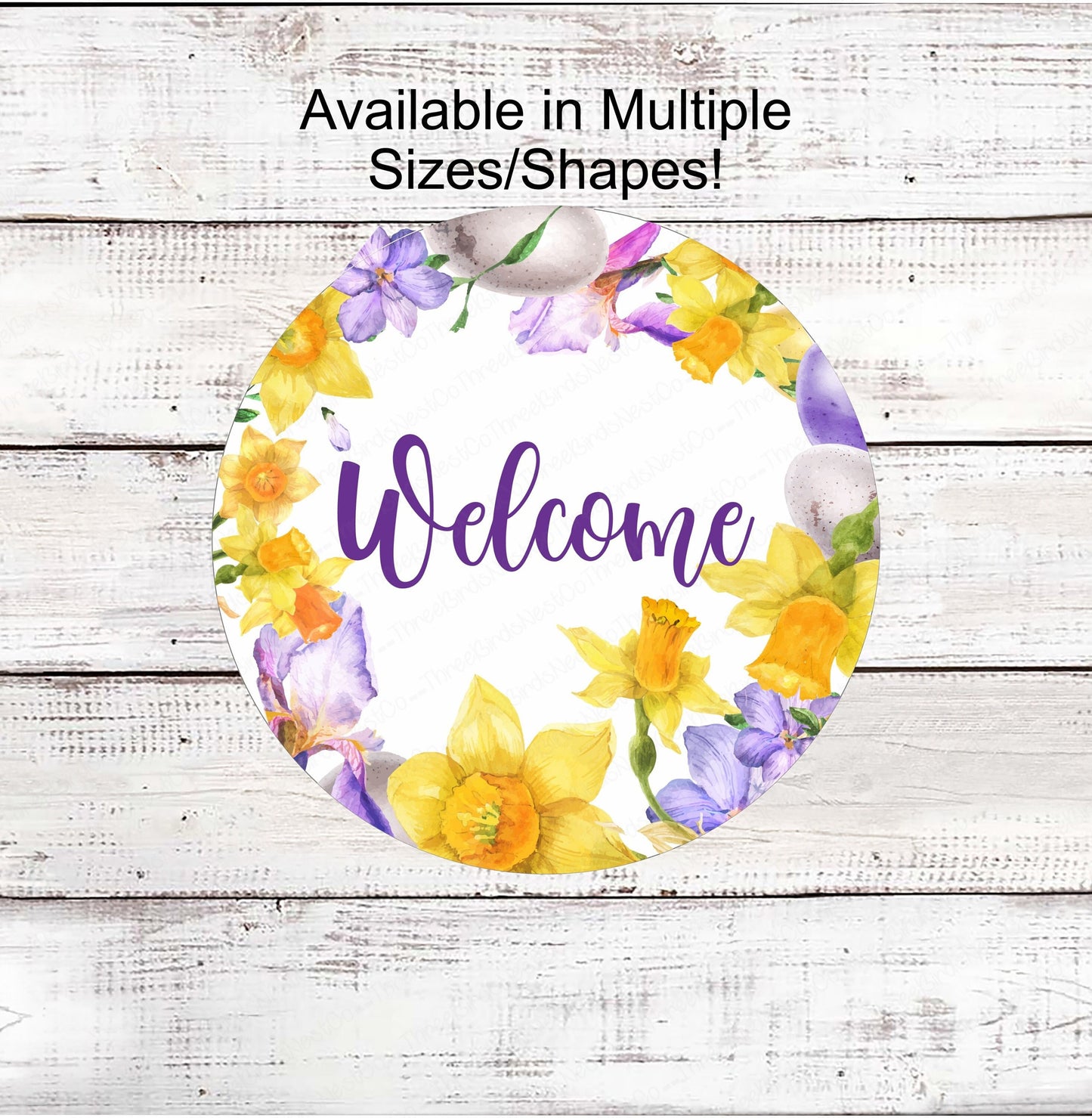 Spring Welcome Wreath Sign - Daffodils Sign - Easter Eggs Sign - Iris Sign - Floral Wreath Sign - Metal Wreath Sign