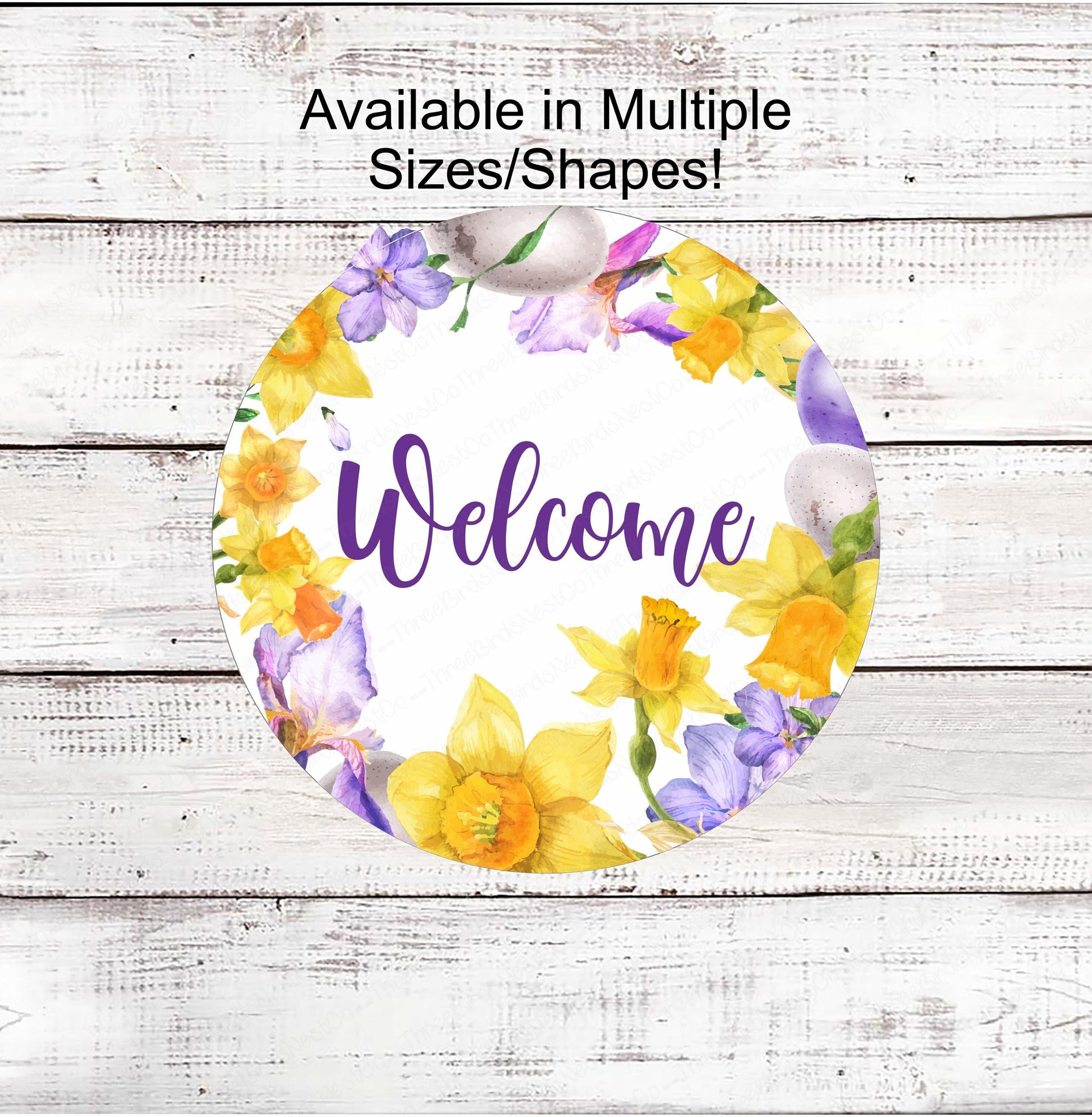Spring Welcome Wreath Sign - Daffodils Sign - Easter Eggs Sign - Iris Sign - Floral Wreath Sign - Metal Wreath Sign