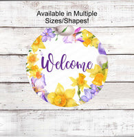 
              Spring Welcome Wreath Sign - Daffodils Sign - Easter Eggs Sign - Iris Sign - Floral Wreath Sign - Metal Wreath Sign
            