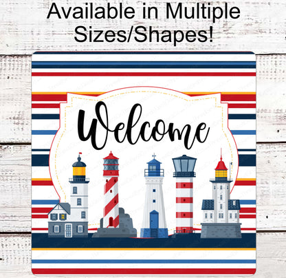 Beach Welcome Wreath Sign - Lighthouse Signs - Nautical Decor - Metal Wreath Sign - Wreath Centers - Three Birds Nest Co