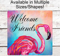 
              Welcome Friends Flamingo Sign - Flamingo Lover Gift - Tropical Sign - Beach Wreath Signs
            