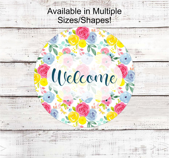 Floral Welcome Wreath Sign - Pastel Flowers Sign - Spring Wreath Signs - Summer Wreath Signs