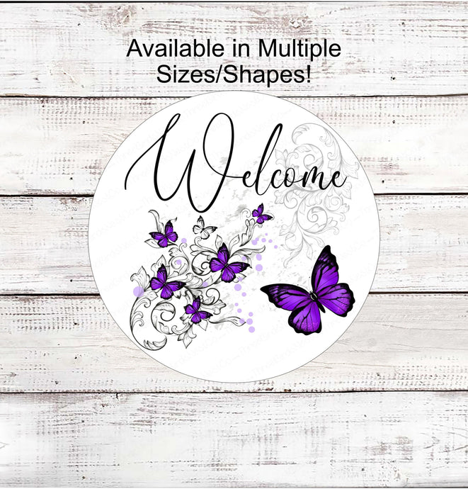 Welcome Butterfly Wreath Sign - Purple Butterflies - Metal Wreath Sign - Wreath Centers