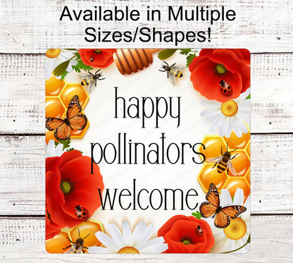 Pollinators Garden Sign - Honey Bee Sign - Ladybug Welcome Wreath Sign - Butterfly Sign - Poppies Sign - Daisy Sign - ThreeBirdsNestCo.com