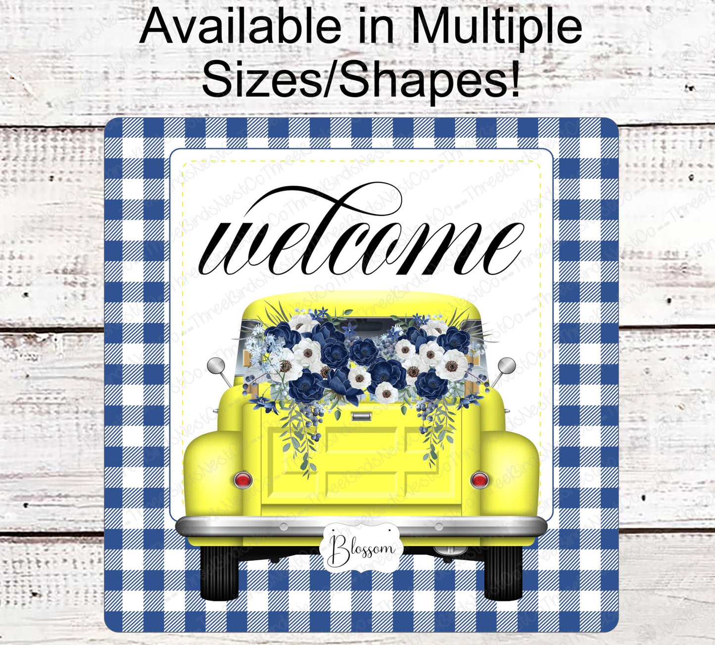 Yellow Truck Welcome Wreath Sign - Yellow and Blue - Spring Wreath Signs - Old Truck Signs - Spring Truck Sign - Floral Wreath Signs