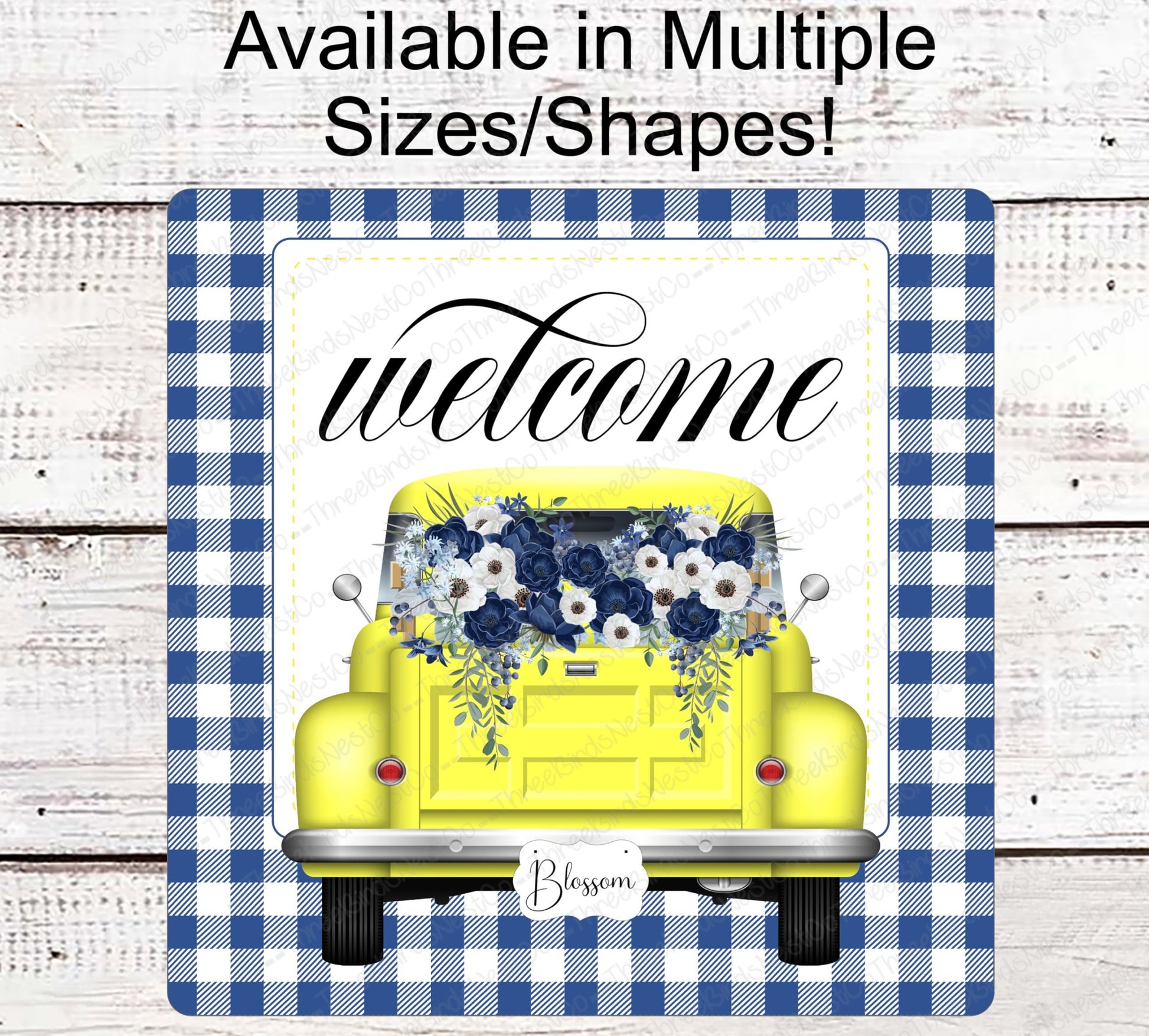 Yellow Truck Welcome Wreath Sign - Yellow and Blue - Spring Wreath Signs - Old Truck Signs - Spring Truck Sign - Floral Wreath Signs