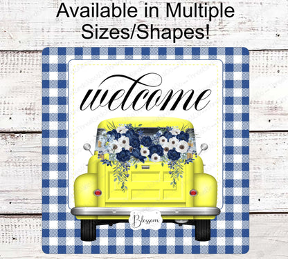 Yellow Truck Welcome Wreath Sign - Yellow and Blue - Spring Wreath Signs - Old Truck Signs - Spring Truck Sign - Floral Wreath Signs