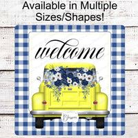 Yellow Truck Welcome Wreath Sign - Yellow and Blue - Spring Wreath Signs - Old Truck Signs - Spring Truck Sign - Floral Wreath Signs