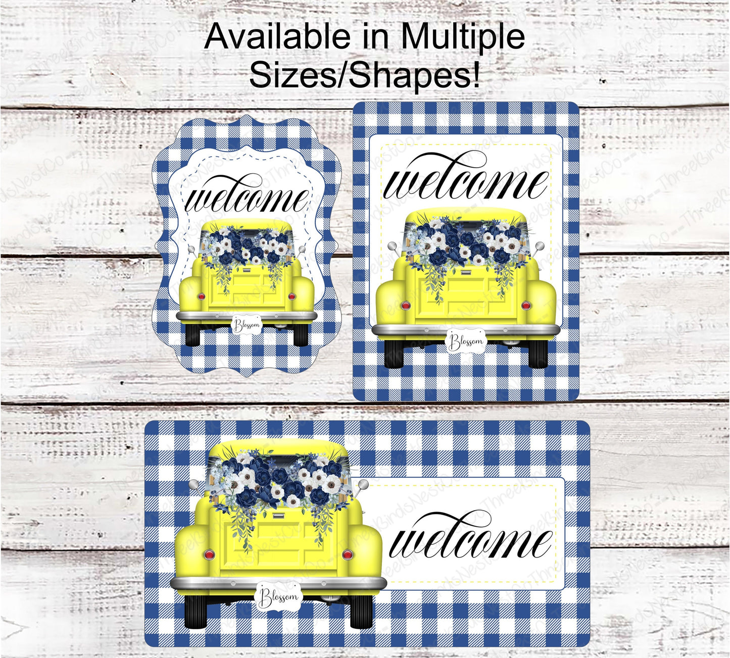 Yellow Truck Welcome Wreath Sign - Yellow and Blue - Spring Wreath Signs - Old Truck Signs - Spring Truck Sign - Floral Wreath Signs