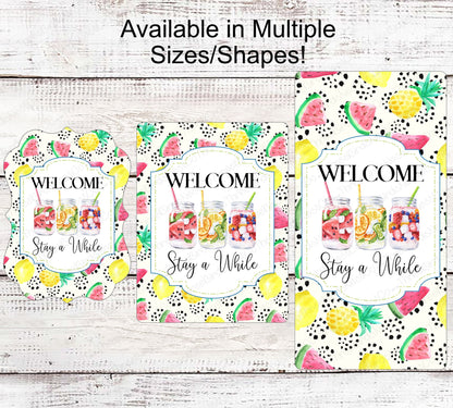 Mason Jars Welcome Wreath Sign - Stay a While - Lemonade Sign - Porch Sign - Sweet Tea Sign - Blueberries and Strawberries