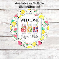 Mason Jars Welcome Wreath Sign - Stay a While - Lemonade Sign - Porch Sign - Sweet Tea Sign - Blueberries and Strawberries