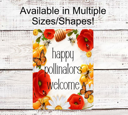 Pollinators Garden Sign - Honey Bee Sign - Ladybug Welcome Wreath Sign - Butterfly Sign - Poppies Sign - Daisy Sign - ThreeBirdsNestCo.com