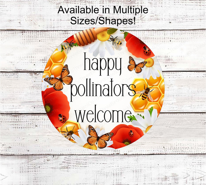 Pollinators Garden Sign - Honey Bee Sign - Ladybug Welcome Wreath Sign - Butterfly Sign - Poppies Sign - Daisy Sign - ThreeBirdsNestCo.com