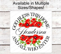 
              God Bless This Home - Family Name Wreath Sign - Poppy Floral Sign
            