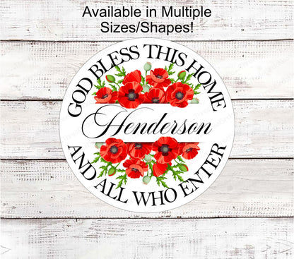 God Bless This Home - Family Name Wreath Sign - Poppy Floral Sign