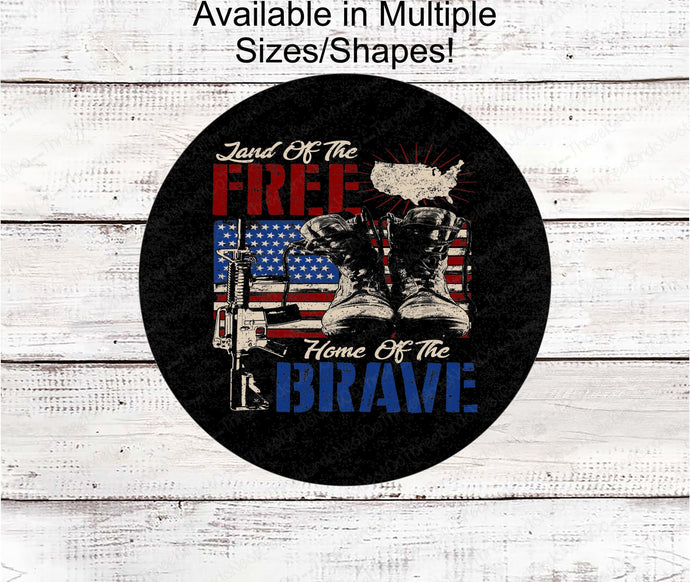 Patriotic Wreath Sign - Land of the Free Home of the Brave - Military Boots Sign - Rewards at ThreeBirdsNestCo.com