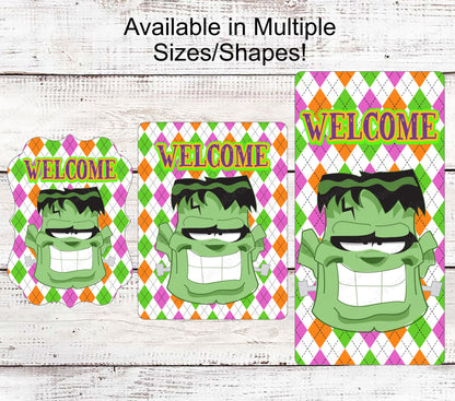 Monster of Frankenstein Halloween Welcome Wreath Sign - www.ThreeBirdsNestCo.com for 20% Off