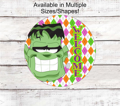 Monster of Frankenstein Halloween Welcome Wreath Sign - www.ThreeBirdsNestCo.com for 20% Off