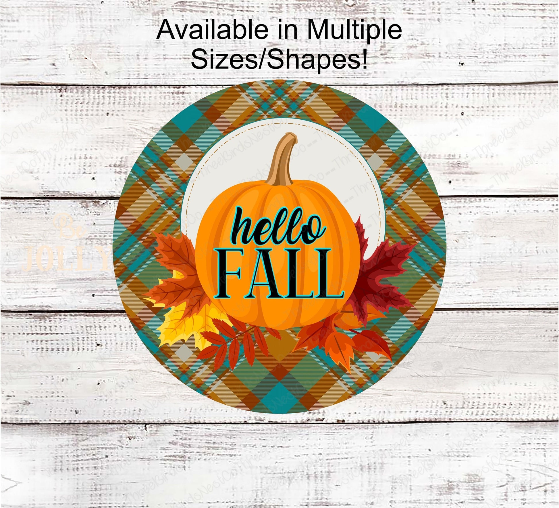 Hello Fall Pumpkin and Leaves Plaid Wreath Sign - www.ThreeBirdsNestCo.com for 20% Off