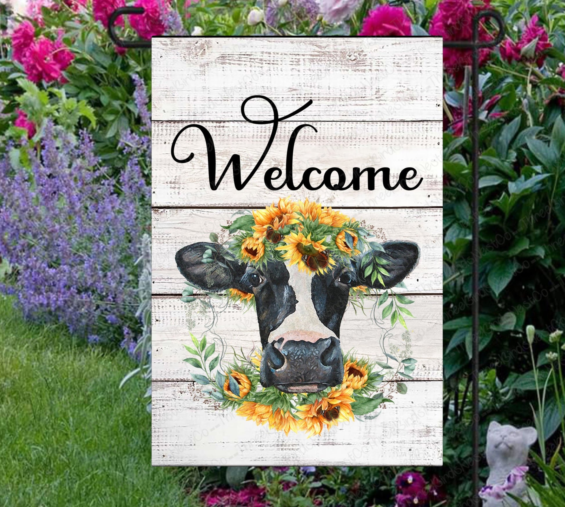 Sunflower Cow Double Sided Garden Flag - Farmhouse Decor - Farm Animals - ThreeBirdsNestCo.com for 5% Back on All Purchases
