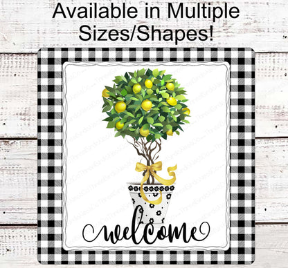Buffalo Plaid Lemon Topiary Tree Welcome Wreath Sign - Family Name Sign