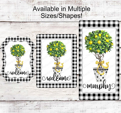 Buffalo Plaid Lemon Topiary Tree Welcome Wreath Sign - Family Name Sign