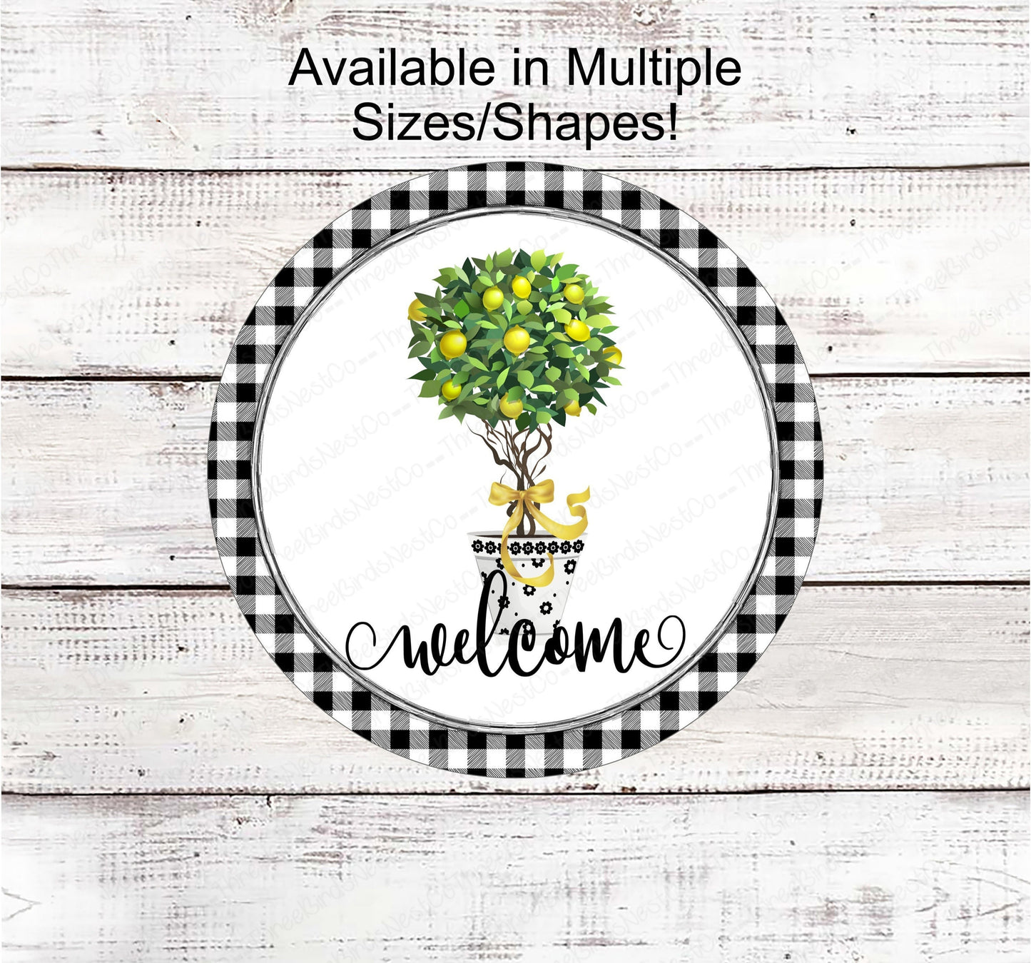 Buffalo Plaid Lemon Topiary Tree Welcome Wreath Sign - Family Name Sign