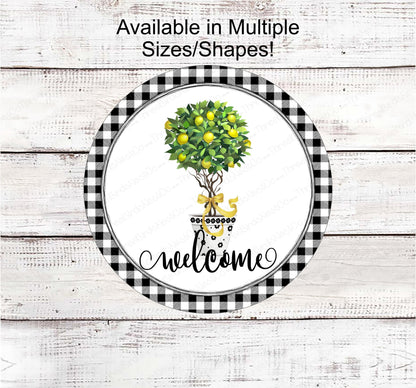 Buffalo Plaid Lemon Topiary Tree Welcome Wreath Sign - Family Name Sign