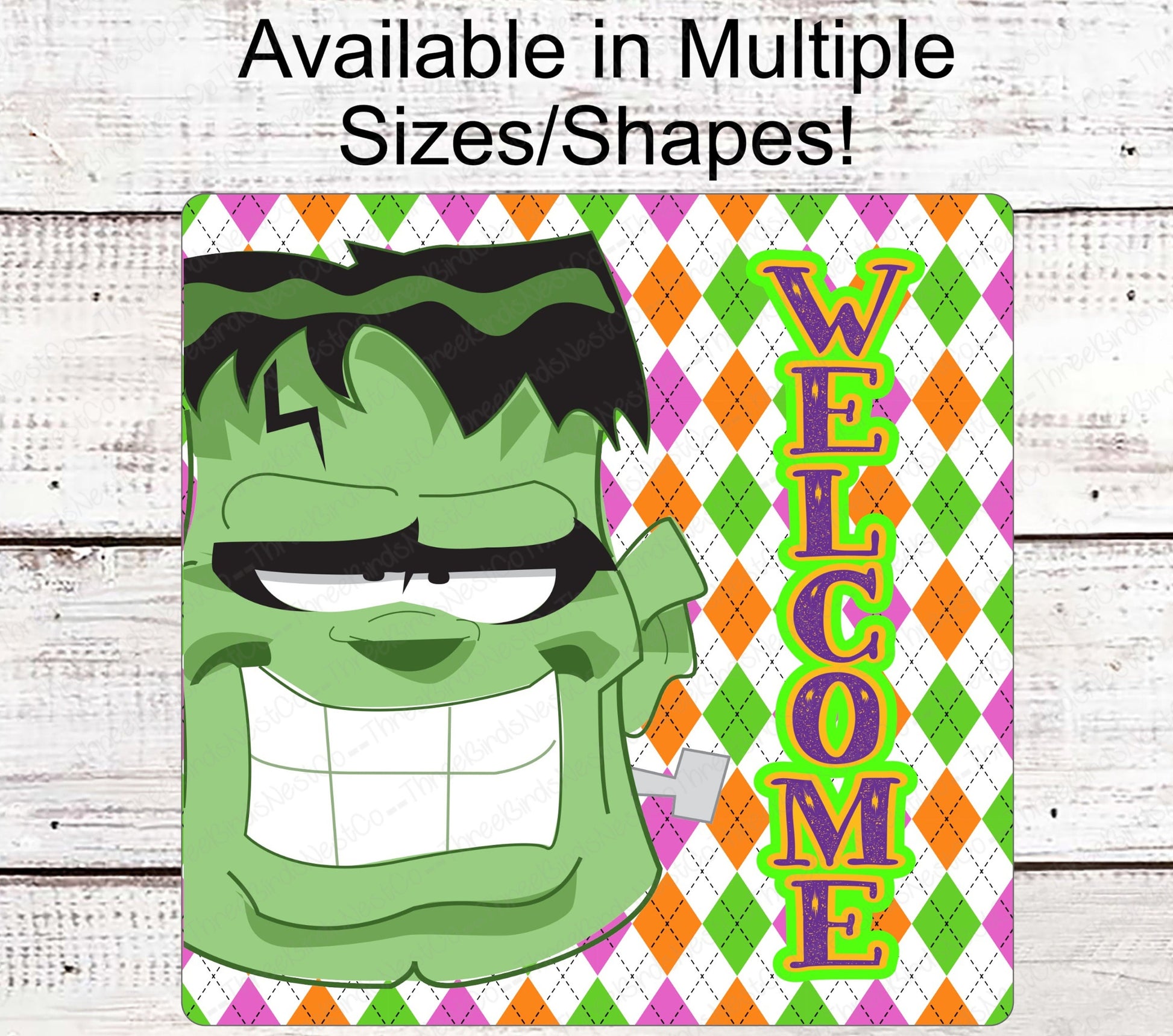 Monster of Frankenstein Halloween Welcome Wreath Sign - www.ThreeBirdsNestCo.com for 20% Off