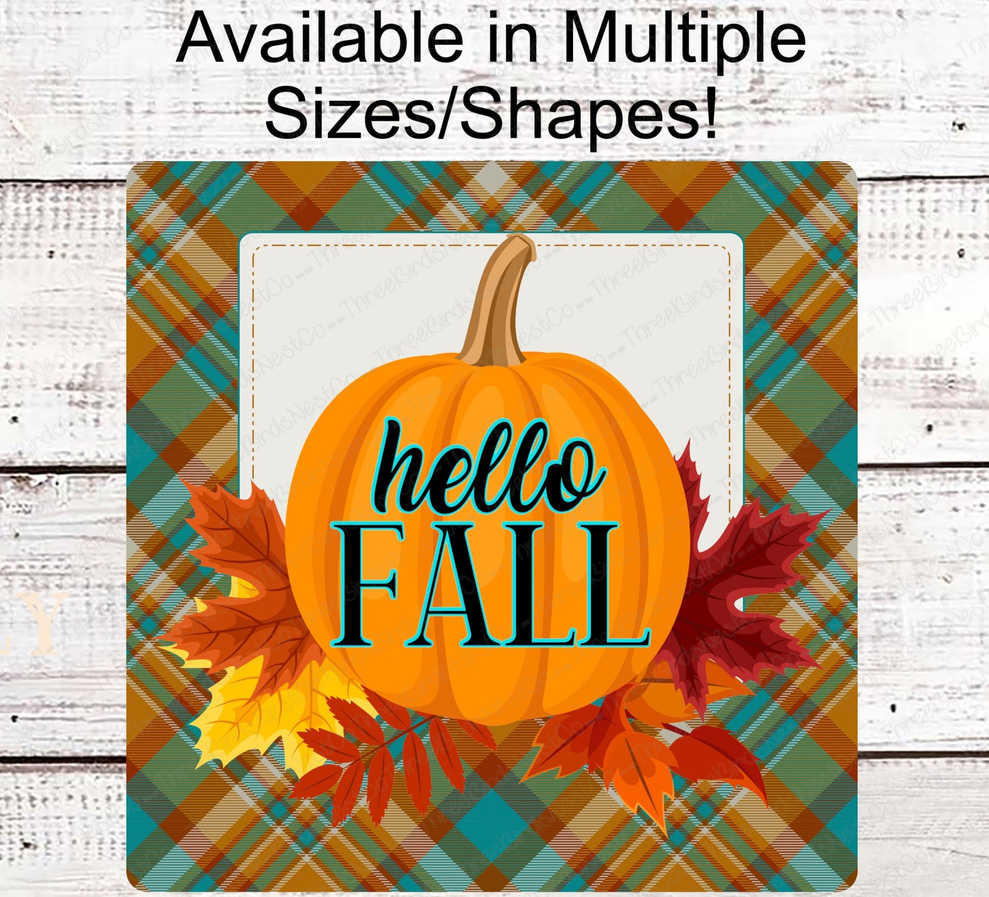 Hello Fall Pumpkin and Leaves Plaid Wreath Sign - www.ThreeBirdsNestCo.com for 20% Off