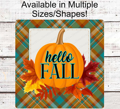 Hello Fall Pumpkin and Leaves Plaid Wreath Sign - www.ThreeBirdsNestCo.com for 20% Off