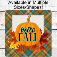 Hello Fall Pumpkin and Leaves Plaid Wreath Sign - www.ThreeBirdsNestCo.com for 20% Off