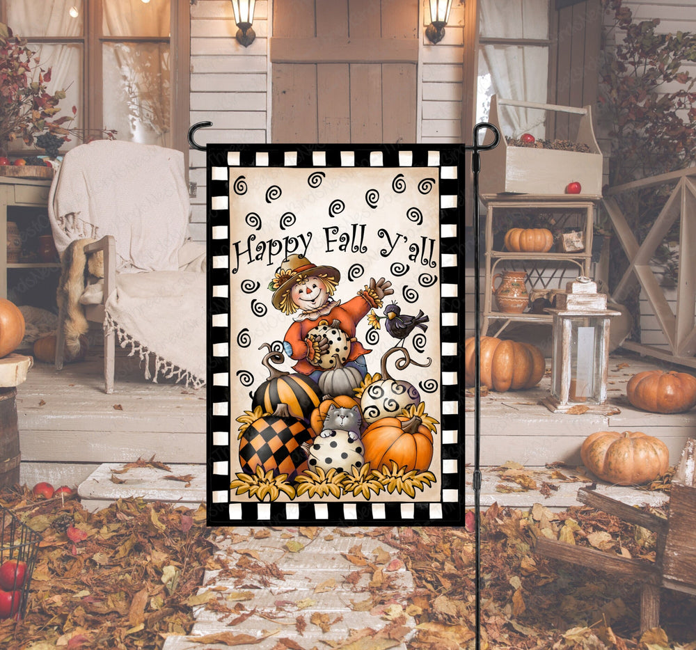 Happy Fall Yall Scarecrow Pumpkins Double Sided Garden Flag - Visit www.ThreeBirdsNestCo.com for 20% Off