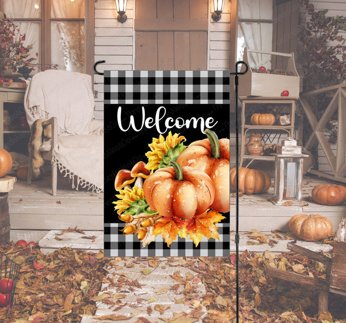 Fall Pumpkins and Sunflowers Welcome Double Sided Garden Flag - Visit www.ThreeBirdsNestCo.com for 20% Off