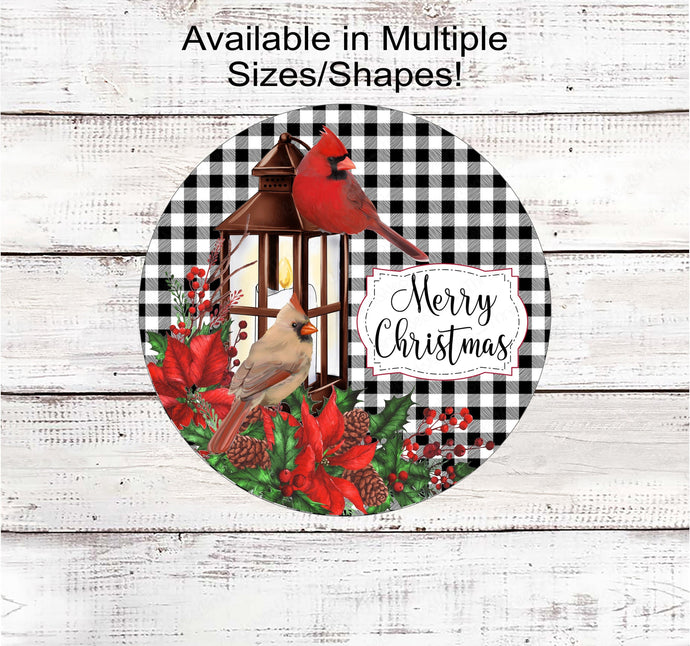 Poinsettias and Cardinals Merry Christmas Lantern Wreath Sign