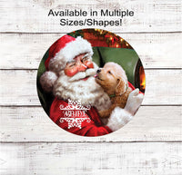 
              Santa Claus and Golden Retriever Puppy Christmas Wreath Sign
            