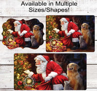 
              Santa Claus with Golden Retriever and Tabby Cat Christmas Wreath Sign
            