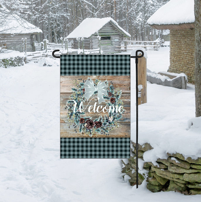 Pinecone Wreath and Buffalo Plaid Winter Christmas Double Sided Garden Flag