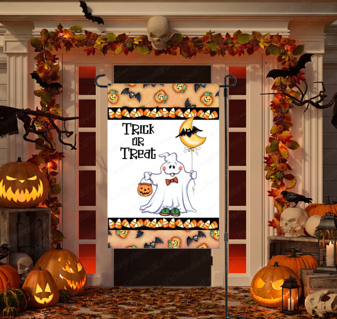 Trick or Treat Ghost and Candy Corn Halloween Double Sided Garden Flag - Visit www.ThreeBirdsNestCo.com for 20% Off