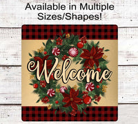 
              Poinsettias and Peppermint Christmas Welcome Wreath Sign
            