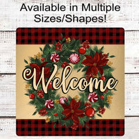 Poinsettias and Peppermint Christmas Welcome Wreath Sign