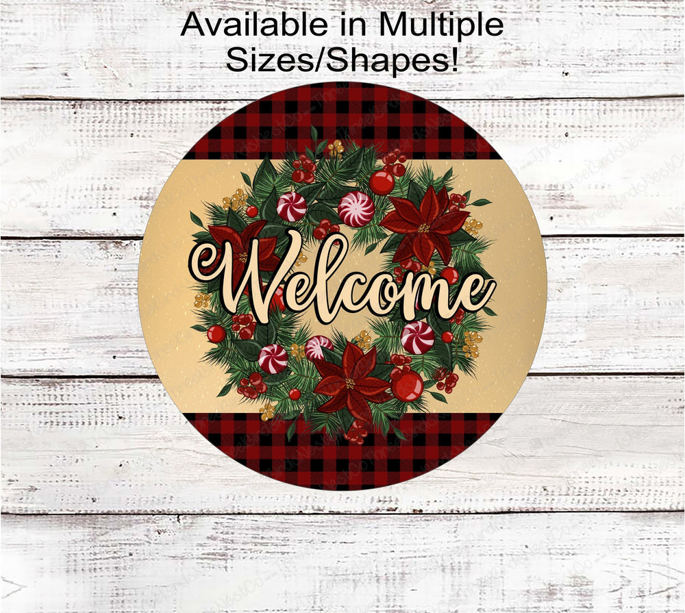 Poinsettias and Peppermint Christmas Welcome Wreath Sign