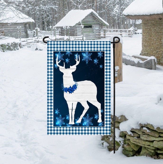 Blue Poinsettias Snowflakes and Whitetail Deer Double Sided Christmas Garden Flag