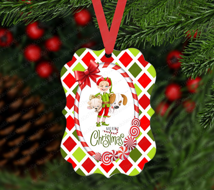 Elf with Toy and Christmas Candy Merry Christmas Ornament - Double Sided Ornament - Metal Ornament- ORN146