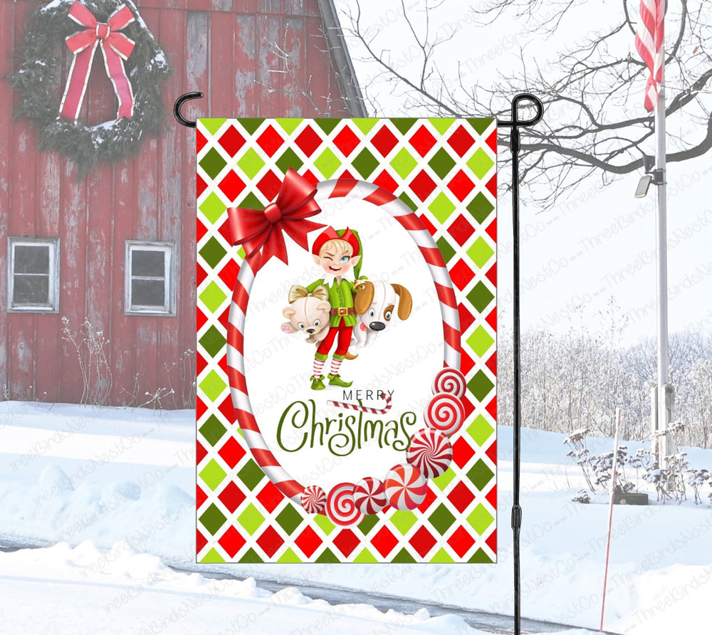 Winking Elf and Candy Cane Merry Christmas Garden Flag - Visit www.ThreeBirdsNestCo.com for 20% Off