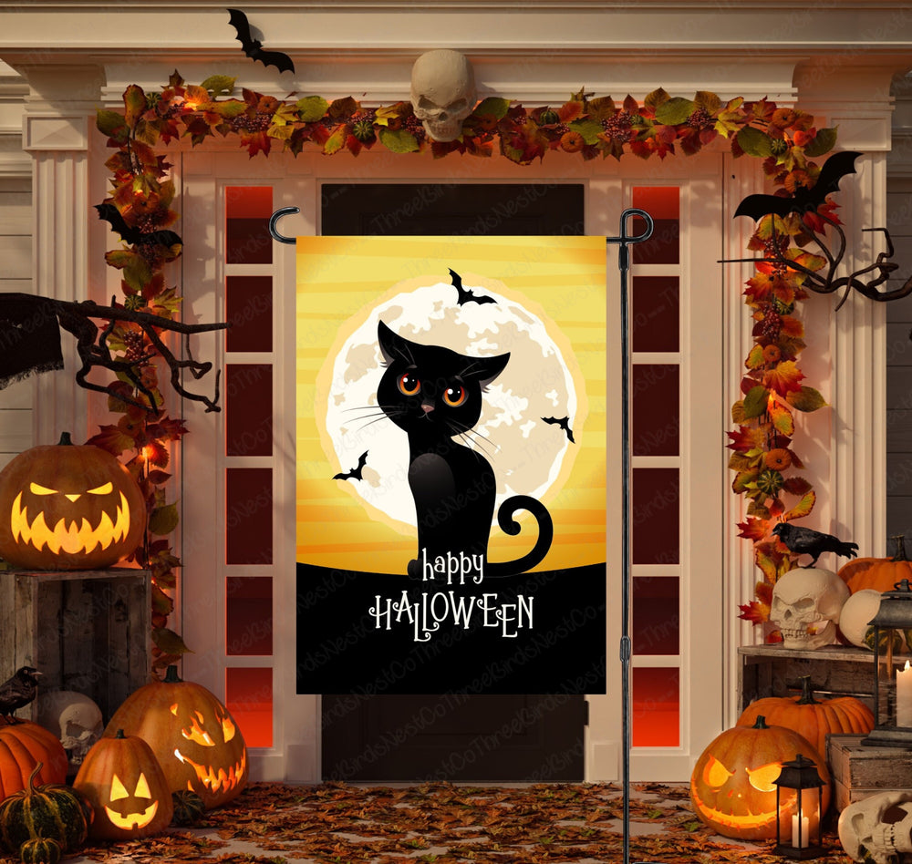 Happy Halloween Black Cat Double Sided Garden Flag - Visit www.ThreeBirdsNestCo.com for 20% Off