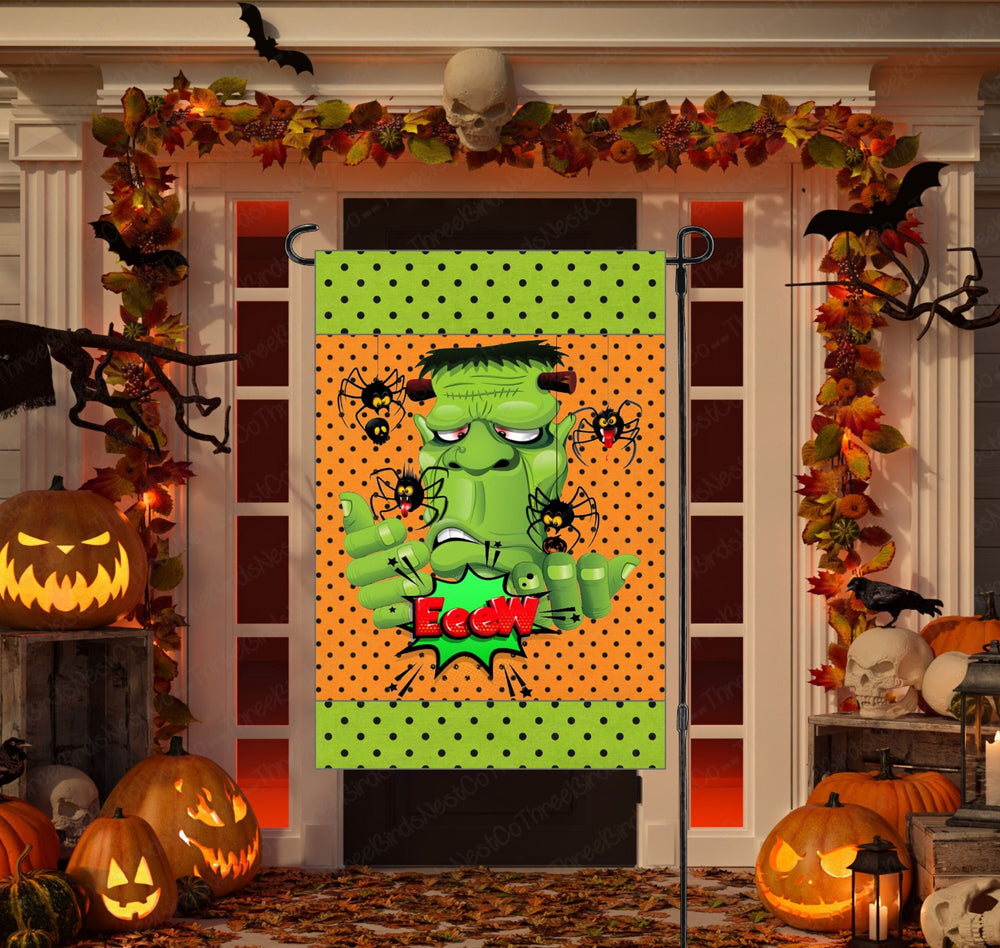 Monster of Frankenstein Eeew Spiders Halloween Double Sided Garden Flag - Visit www.ThreeBirdsNestCo.com for 20% Off